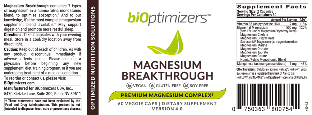 Bioptimizers Magnesium Breakthrough Supplement Facts